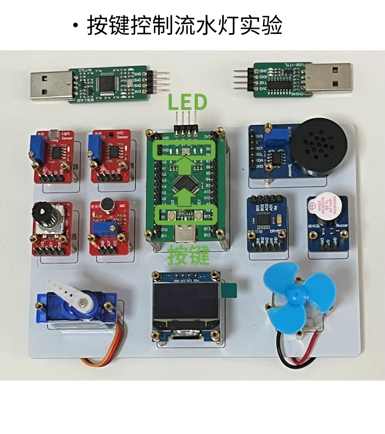 按图连接按键与 LED。按键信号接 PA0,通过 EXTI0 产生外部中断。