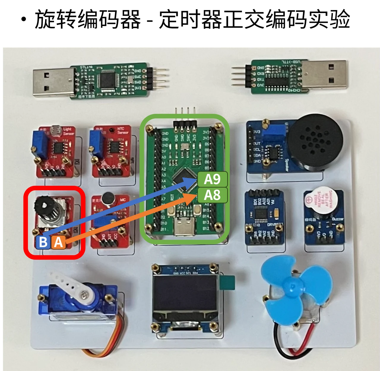 编码器 A、B 两路分别连接 PA8、PA9，电源与地按图连接。